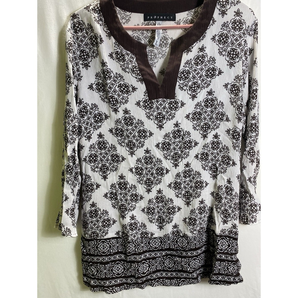 Prophecy Womens Brown White Damask Print Rayon Crepe Split Neck Tunic Top Large